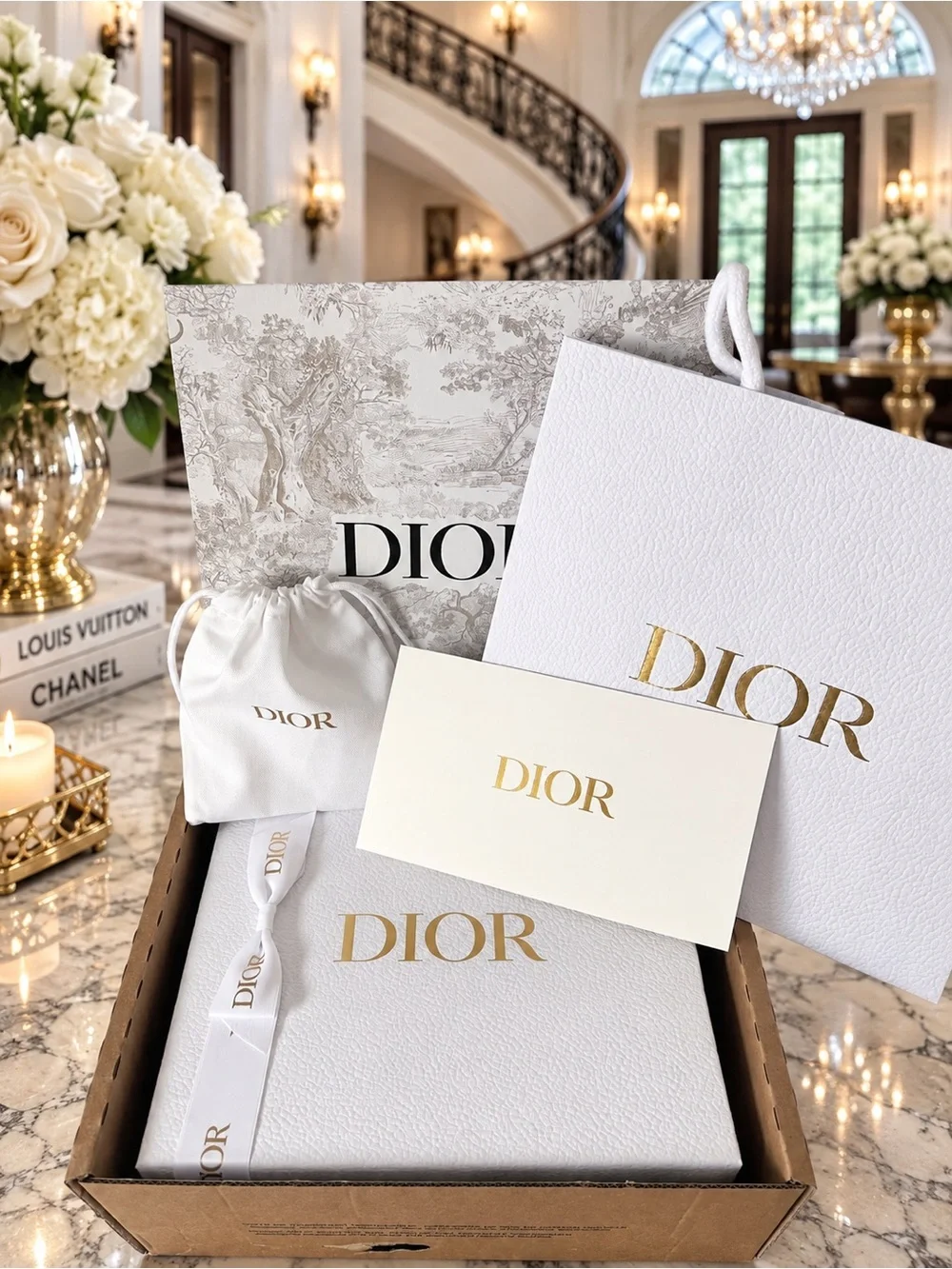 New Dior Medium Gift Box 9x9x4.5” + Bag + Drawstring Dust Bag White Ribbon